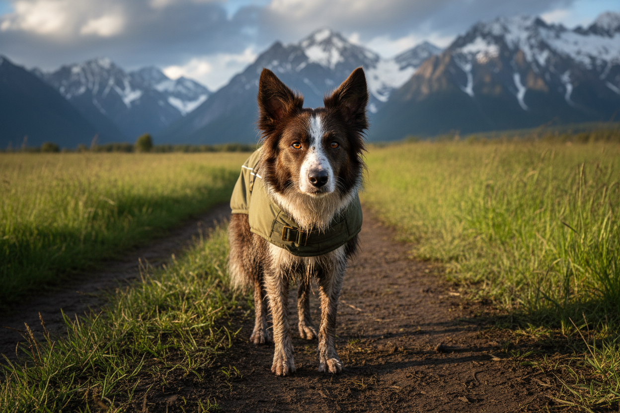 Border Collie wearing a green outdoor jacket standing on a mountain trail with snow-capped peaks in the background
