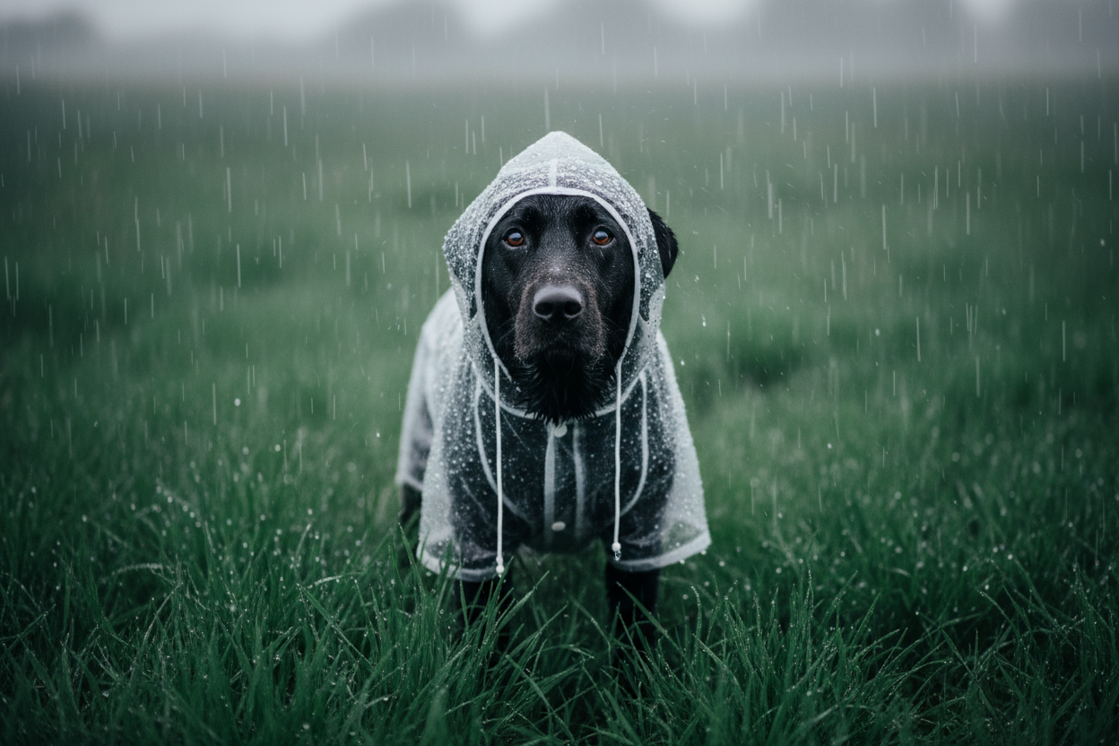 Black Dog in Clear Hooded Raincoat