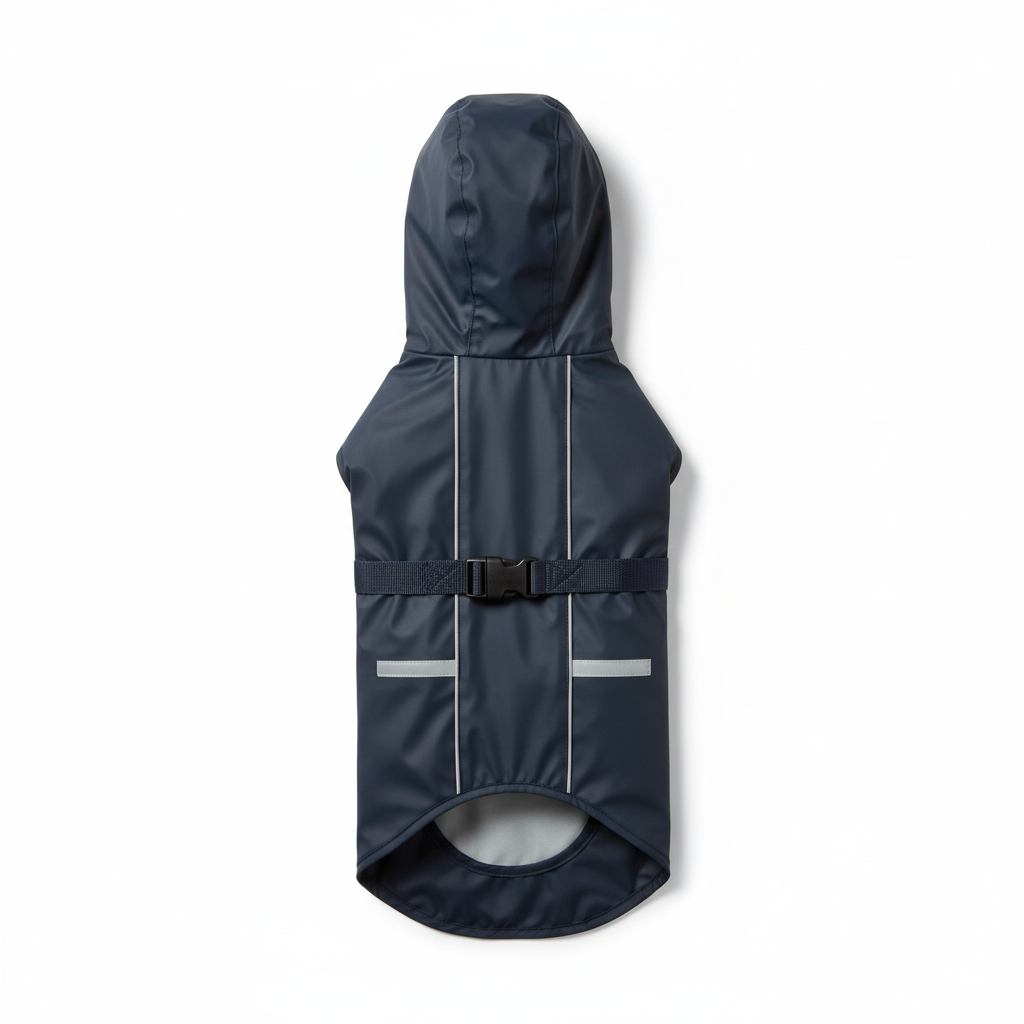 Dog raincoat with hood and reflective strips - navy blue, flat lay product photo