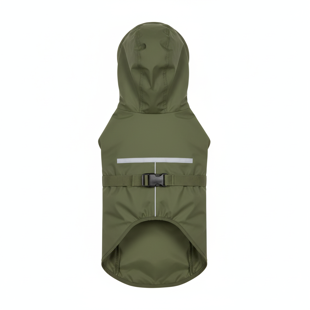 Dog raincoat with hood and reflective strips - olive green, flat lay product photo