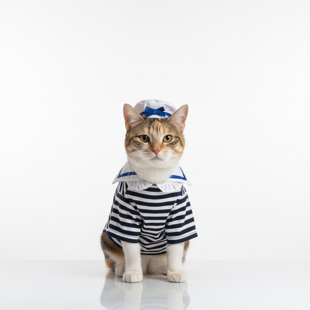 Cat wearing a navy blue and white striped sailor outfit