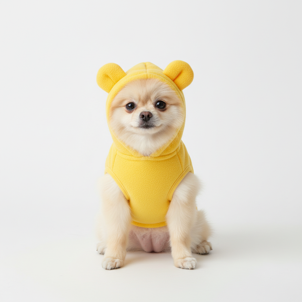 Sunshine yellow bear ear fleece vest worn by a fluffy Pomeranian