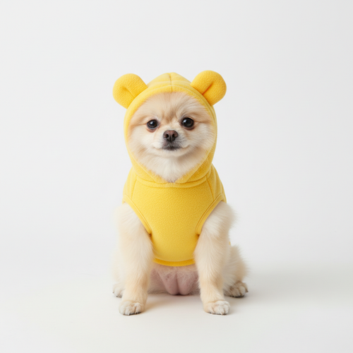 Sunshine yellow bear ear fleece vest worn by a fluffy Pomeranian