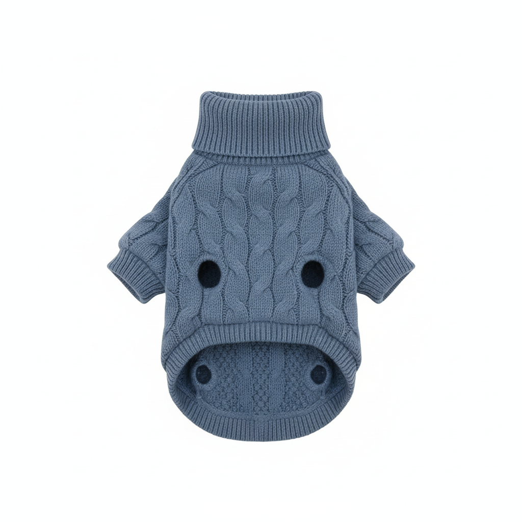 Cat cable knit turtleneck sweater - dusty slate blue, flat lay product photo