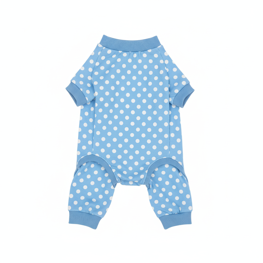 Dog polka dot jumpsuit onesie - sky blue with white dots, flat lay product photo