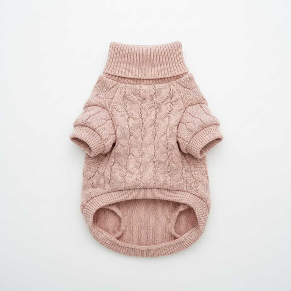 Cat cable knit turtleneck sweater - blush pink, flat lay product photo