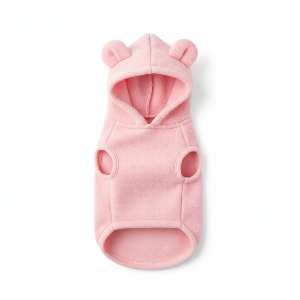 Dog bear ear hoodie - baby pink, flat lay product photo