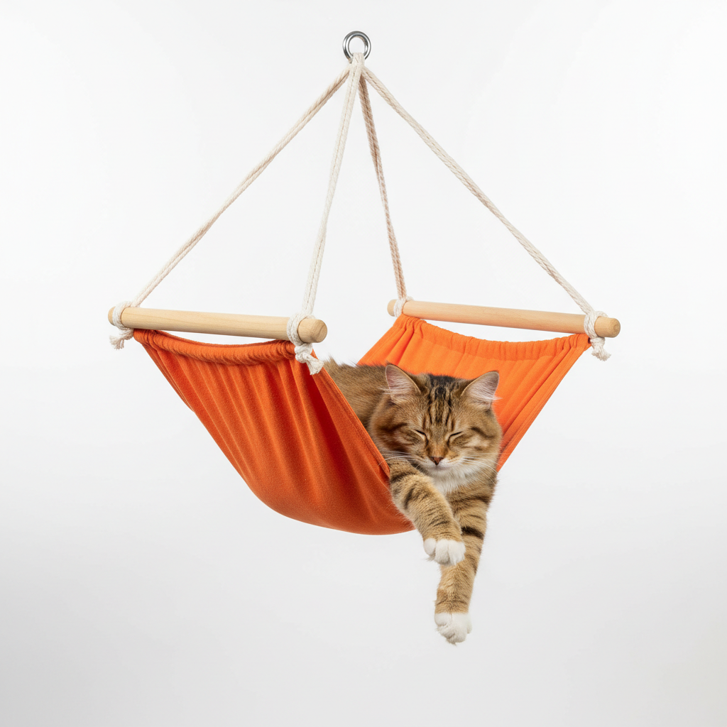 Tangerine orange cat hammock bed with a tabby cat lounging inside
