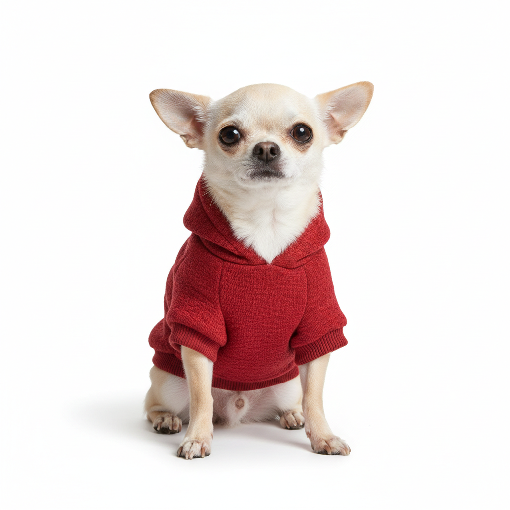 Scarlet red hoodie sweater worn by an adorable Chihuahua
