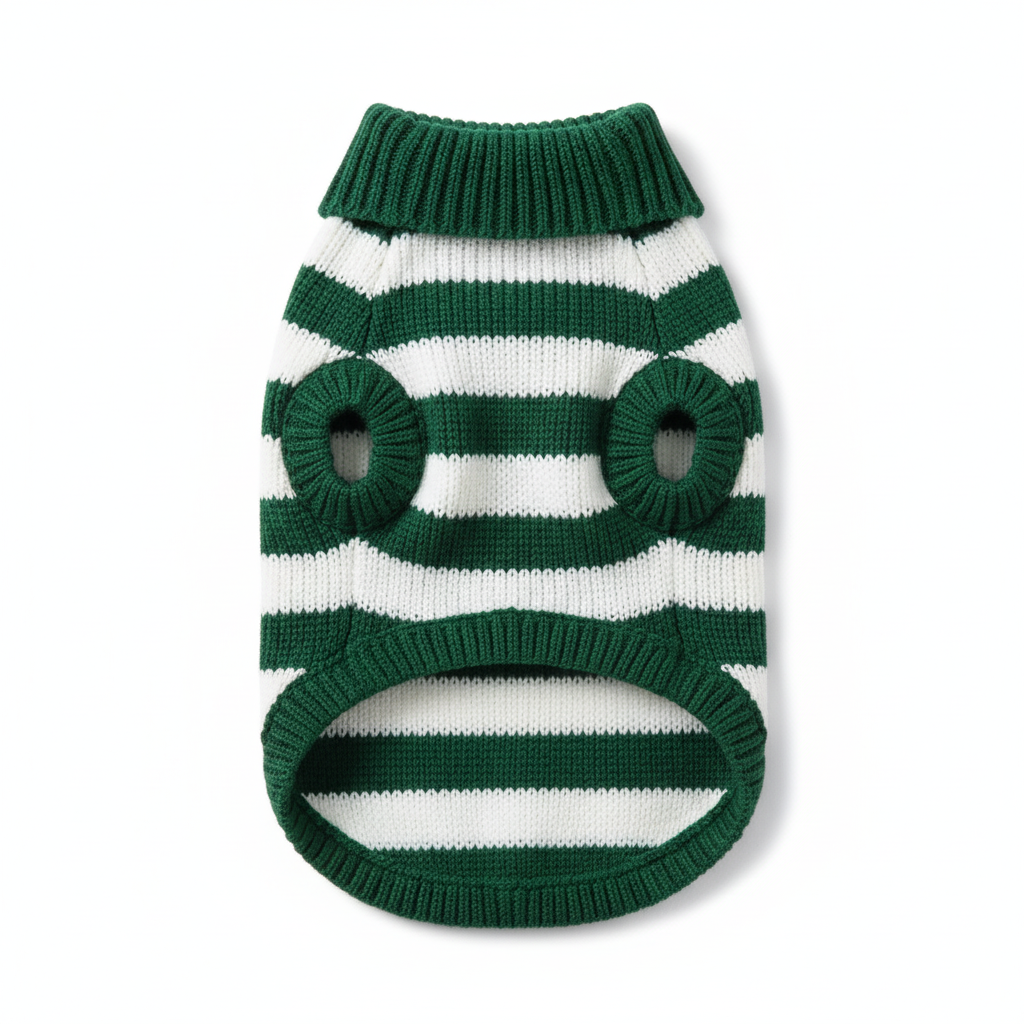 森林绿白条纹宠物毛衣