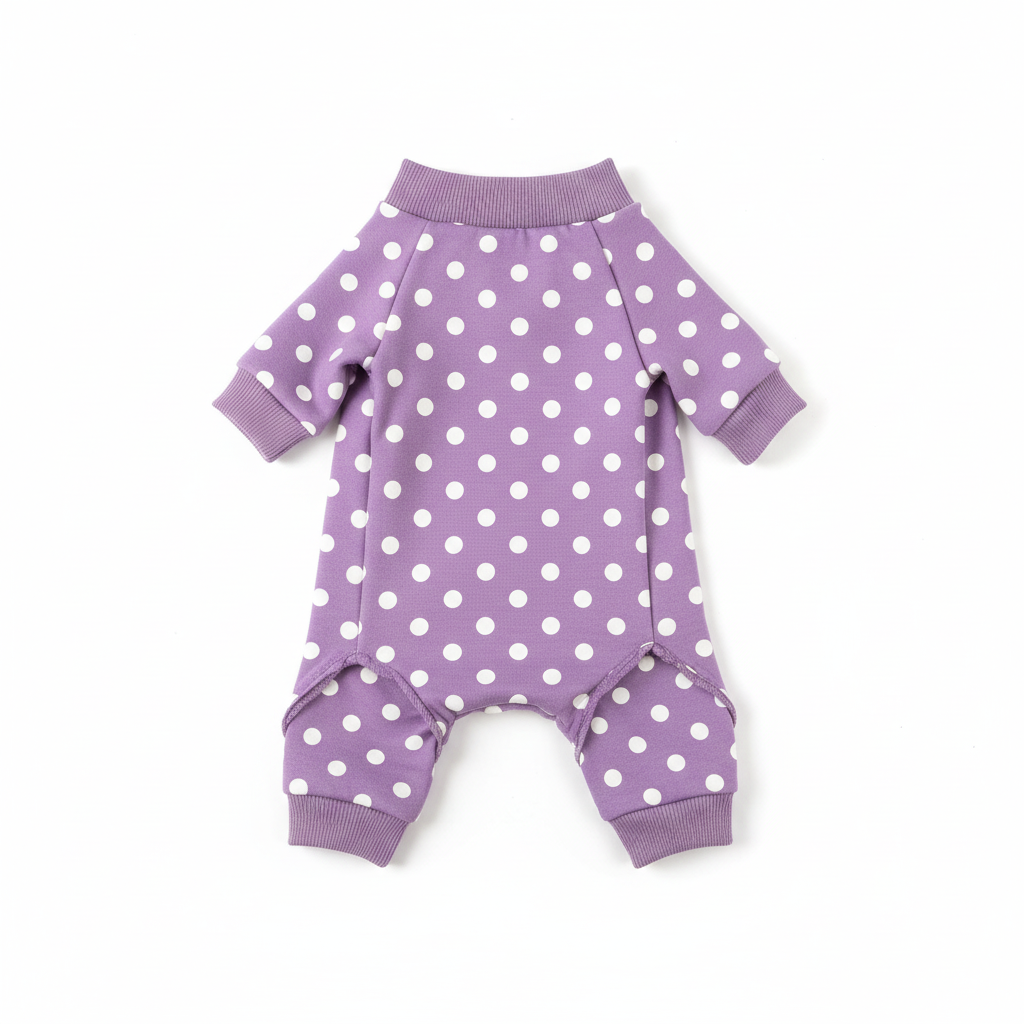 Dog polka dot jumpsuit onesie - lavender purple with white dots, flat lay product photo