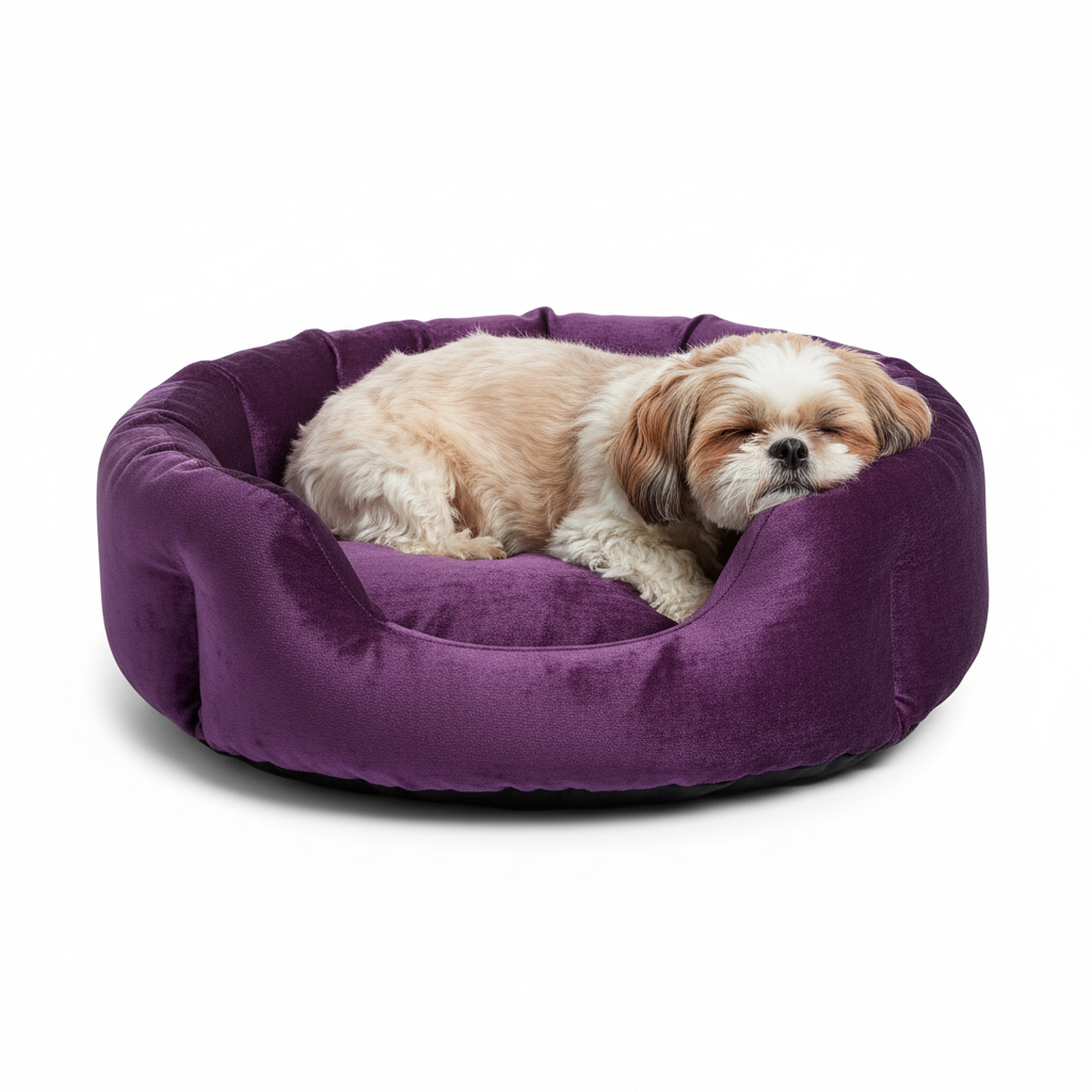Deep purple velvet small dog bed with a Shih Tzu resting inside