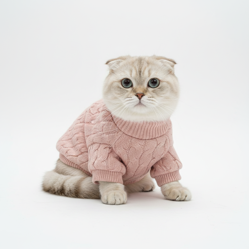 Cat wearing a soft pastel pink knit sweater