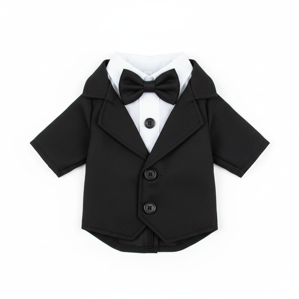 Cat tuxedo costume - classic black with white shirt and black bow tie, flat lay product photo