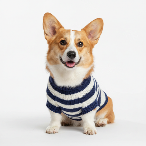 Blue and white striped knit sweater worn by a cute Corgi