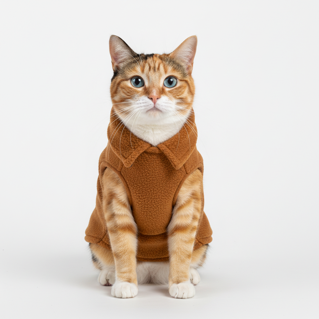 Cat wearing a caramel brown fleece vest