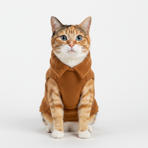 Cat wearing a caramel brown fleece vest