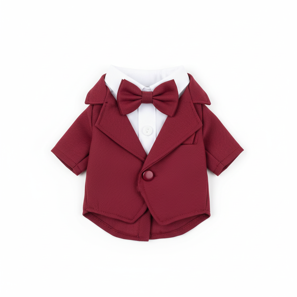 Cat tuxedo costume - burgundy wine red with white shirt and dark red bow tie, flat lay product photo