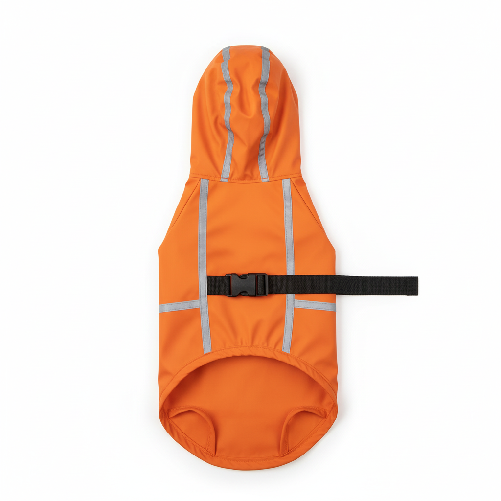 Dog raincoat with hood and reflective strips - burnt orange, flat lay product photo