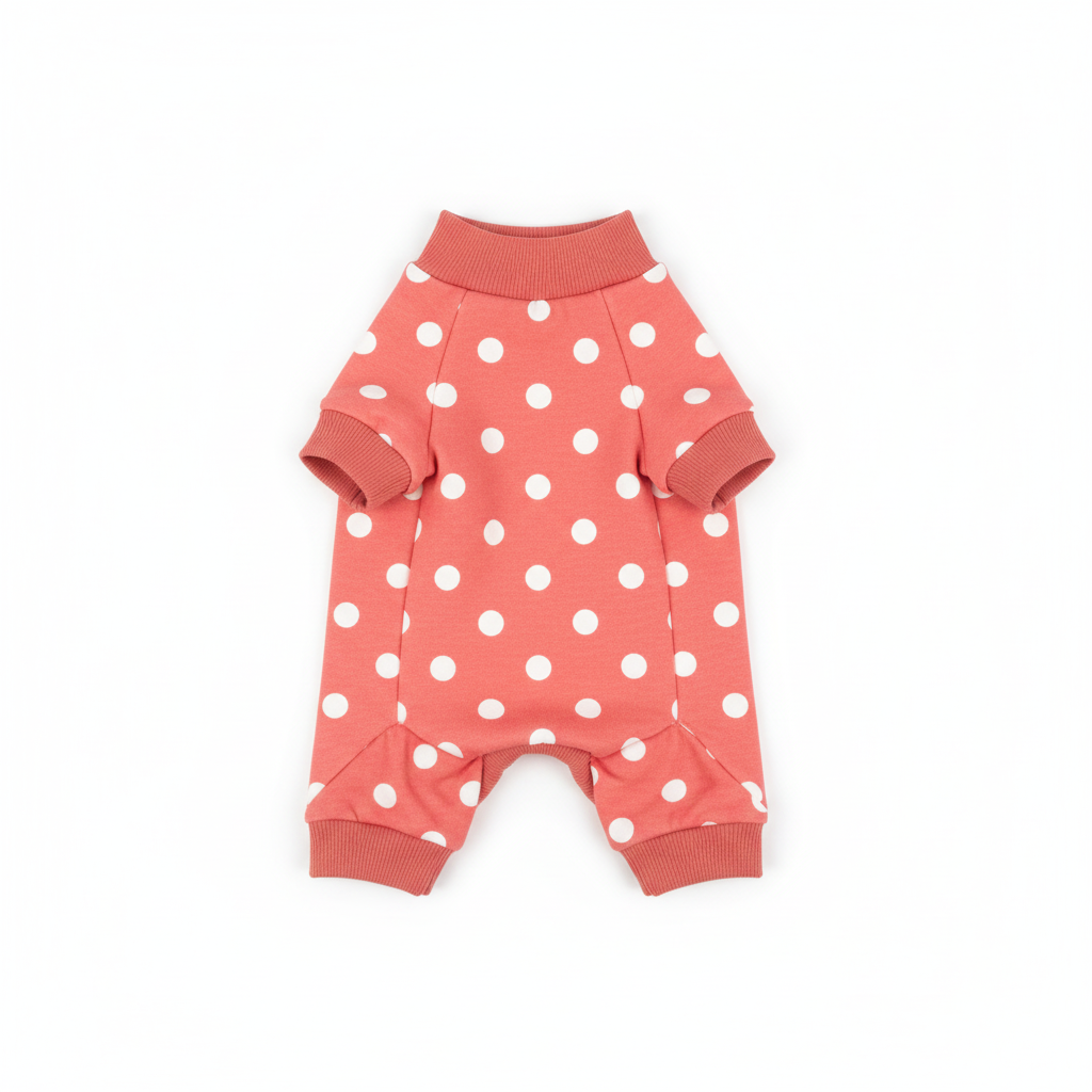 Dog polka dot jumpsuit onesie - coral pink with white dots, flat lay product photo