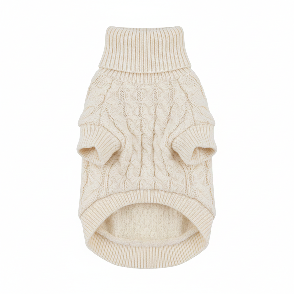 Cat cable knit turtleneck sweater - cream white ivory, flat lay product photo