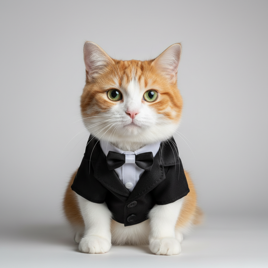 Cat wearing a black and white tuxedo jacket