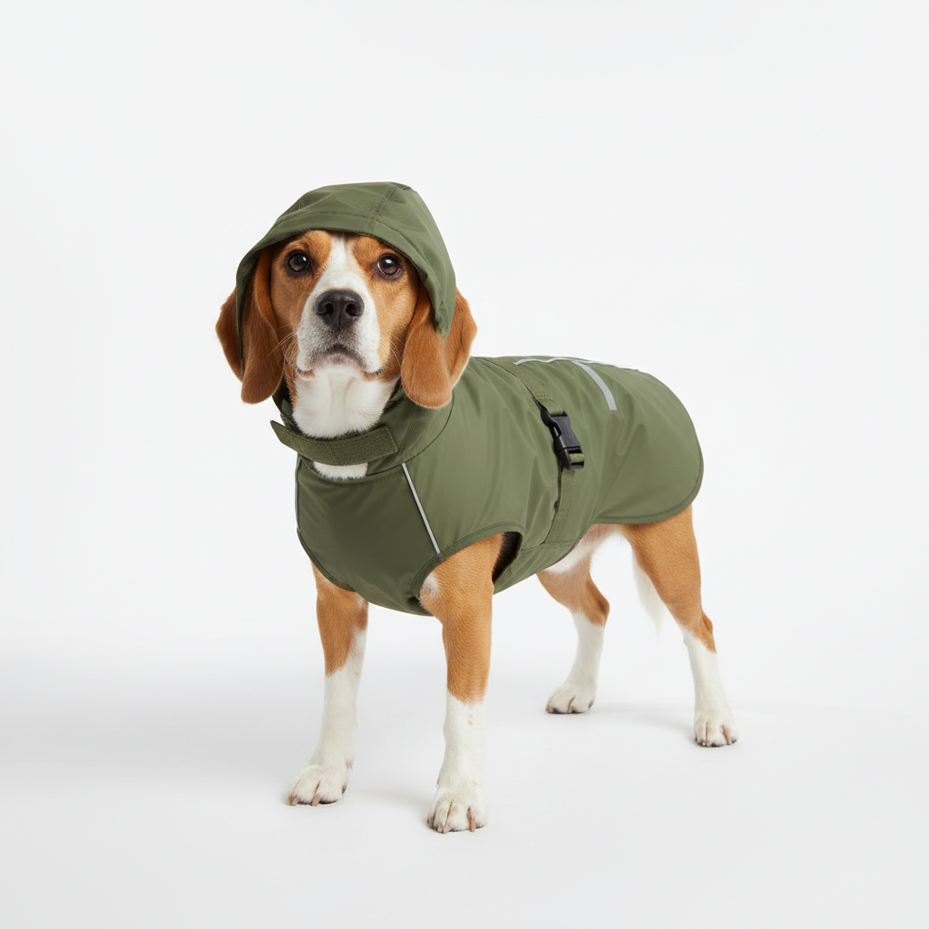 Forest green waterproof dog raincoat with hood worn by a Beagle
