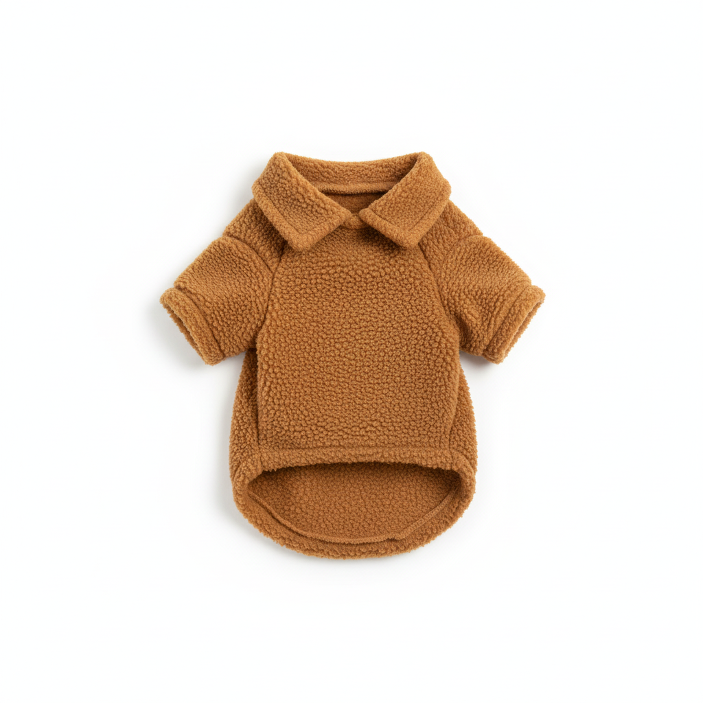 Cat fleece polo shirt - caramel brown, flat lay product photo