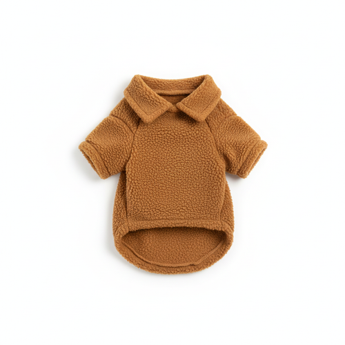 Cat fleece polo shirt - caramel brown, flat lay product photo