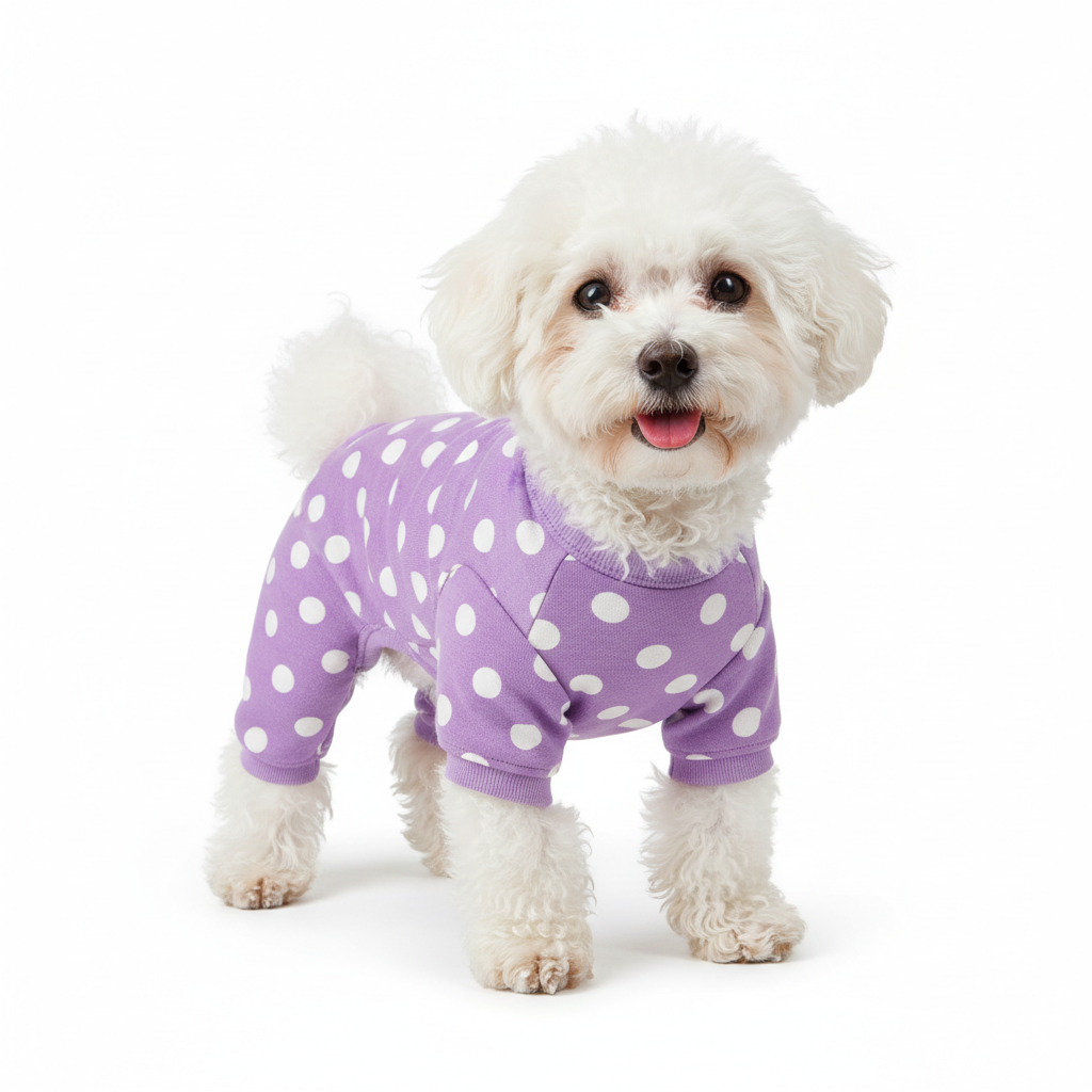 Lavender purple polka dot onesie romper worn by a small Bichon Frise