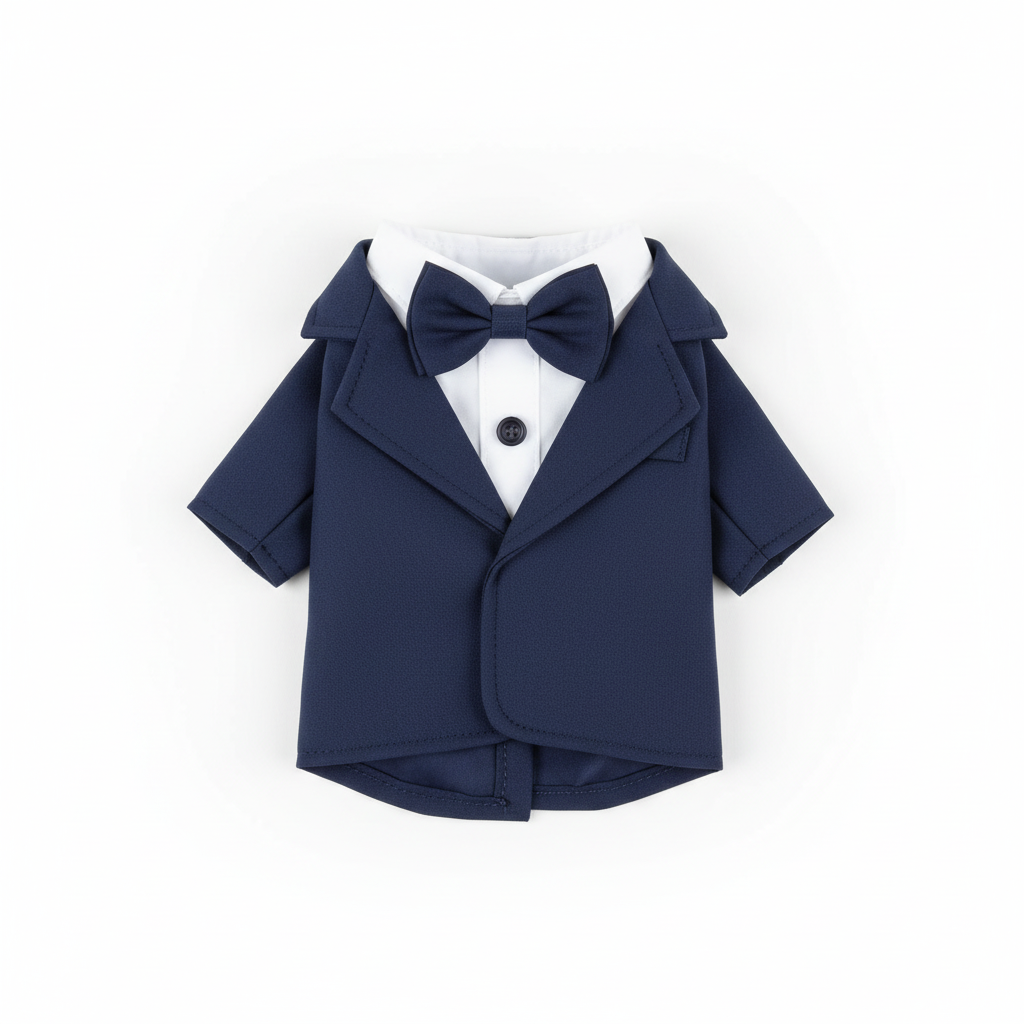 Cat tuxedo costume - navy blue with white shirt and navy bow tie, flat lay product photo