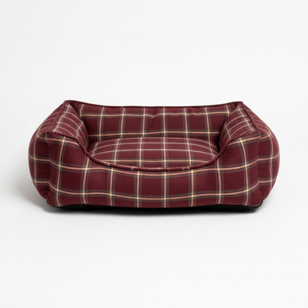酒红格纹宠物床