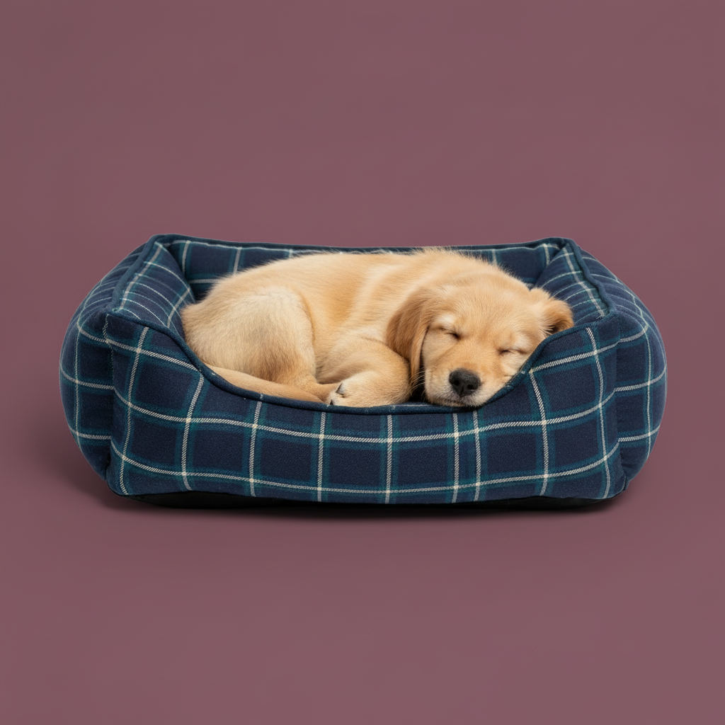 Puppy Plaid Bed Purple Background