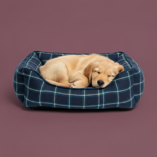 Puppy Plaid Bed Purple Background